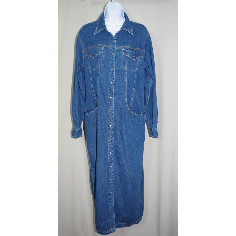 DKNY Woman's 14 Jeans Vintage Denim Maxi Dress Blue Long Sleeve‎ Snap Front